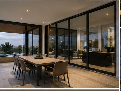 Terraza contemporánea con mamparas Serie 80 perfiles negros